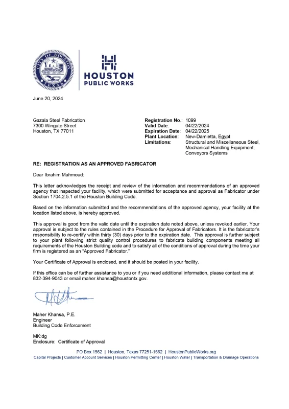 Houston  2024-2025 Certificate, Gazala Steel Fabrication - Page1